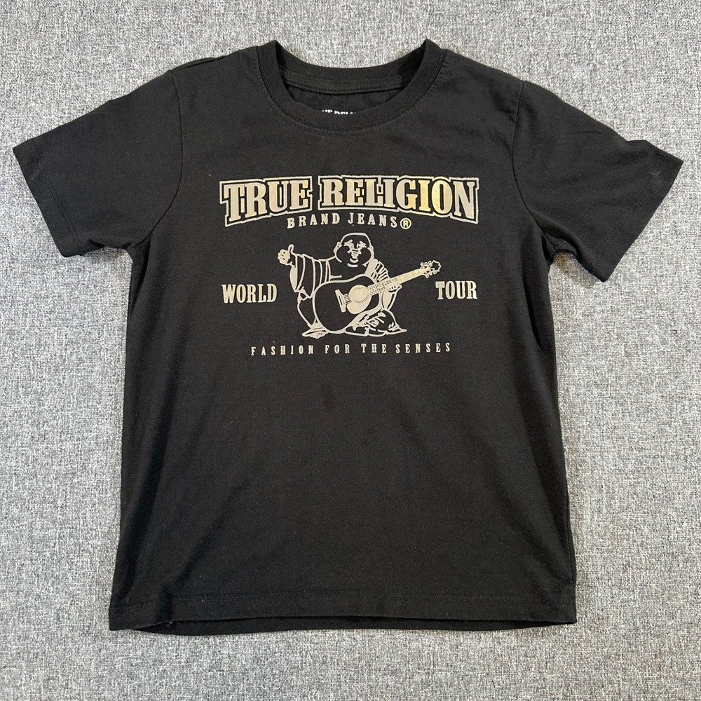 True Religion Boys Black Gold Buddha World Tour Graphic T-Shirt Size 6 Kids Tee